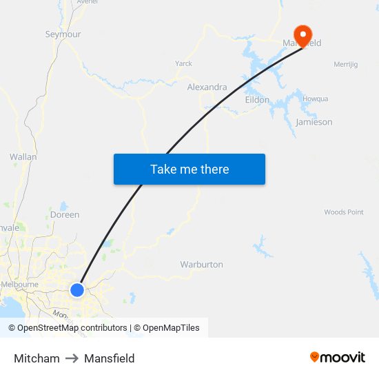 Mitcham to Mansfield map