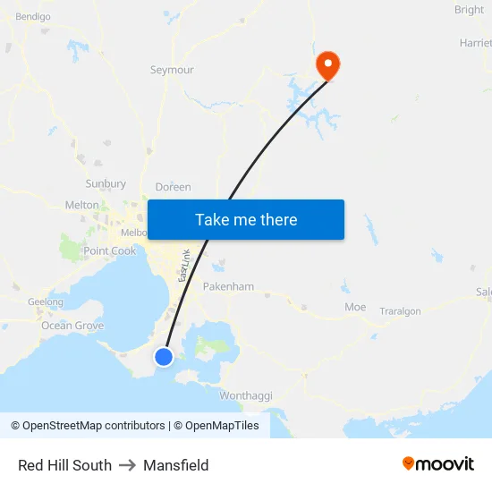 Red Hill South to Mansfield map