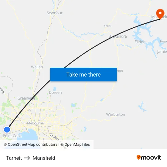 Tarneit to Mansfield map