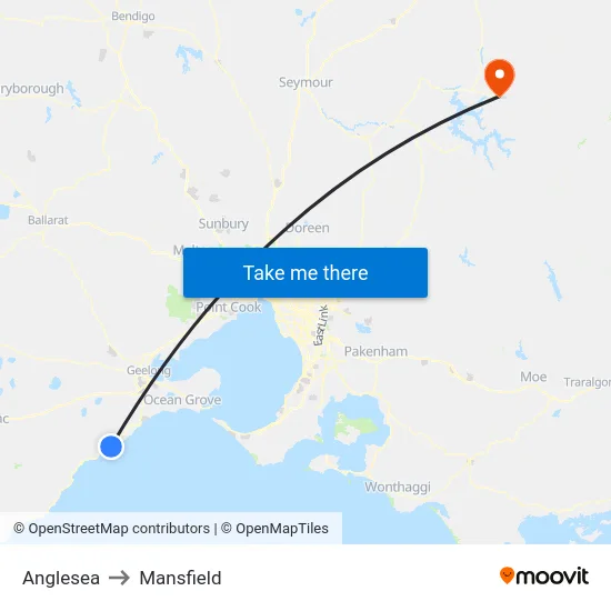 Anglesea to Mansfield map