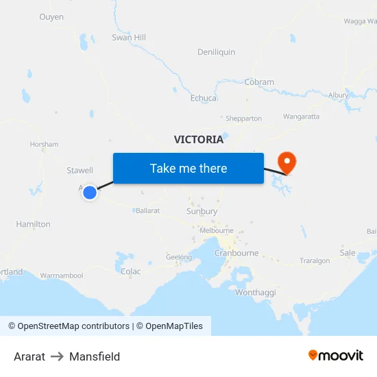 Ararat to Mansfield map
