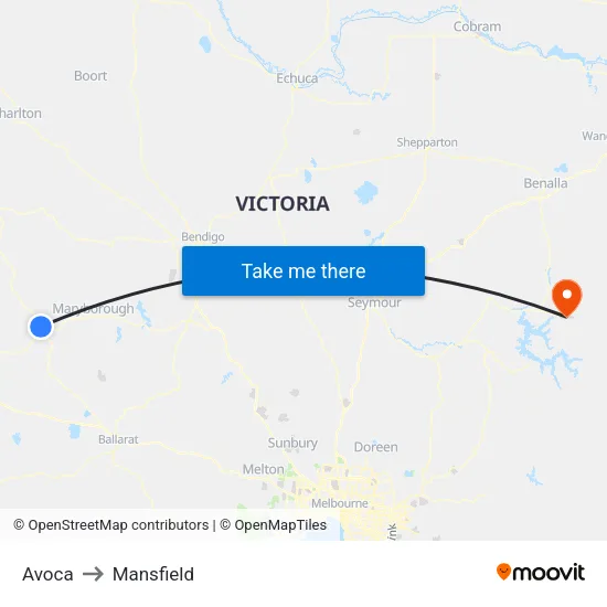 Avoca to Mansfield map