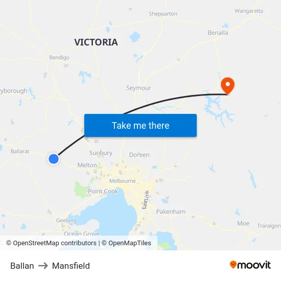 Ballan to Mansfield map