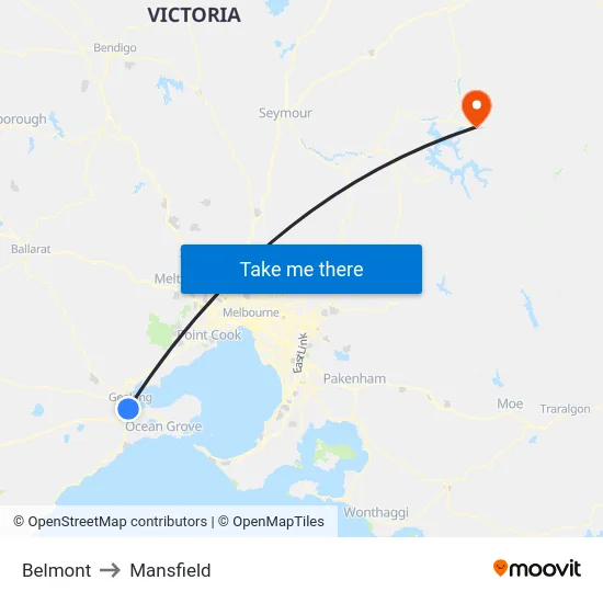 Belmont to Mansfield map