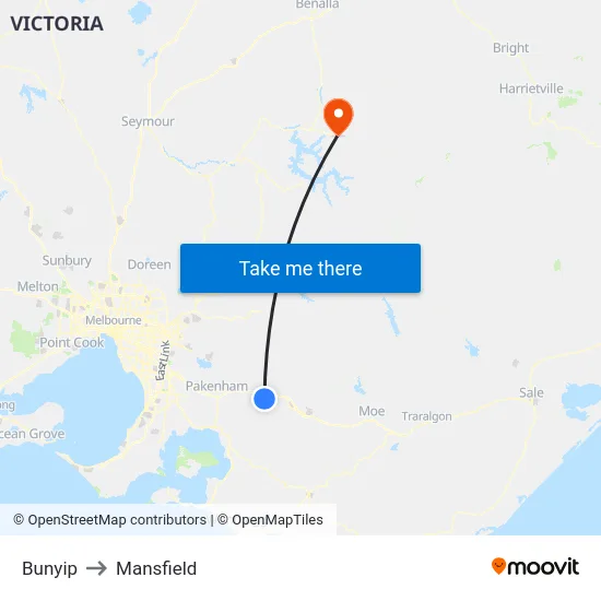 Bunyip to Mansfield map