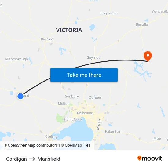 Cardigan to Mansfield map