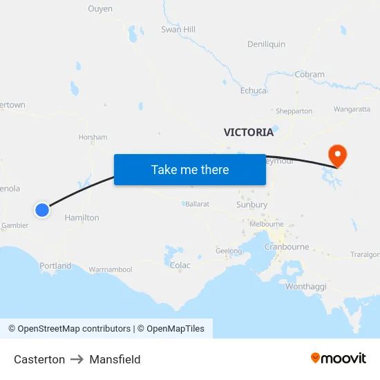 Casterton to Mansfield map