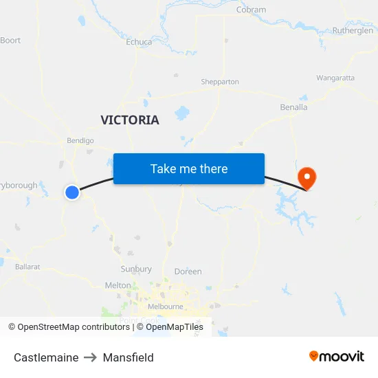 Castlemaine to Mansfield map