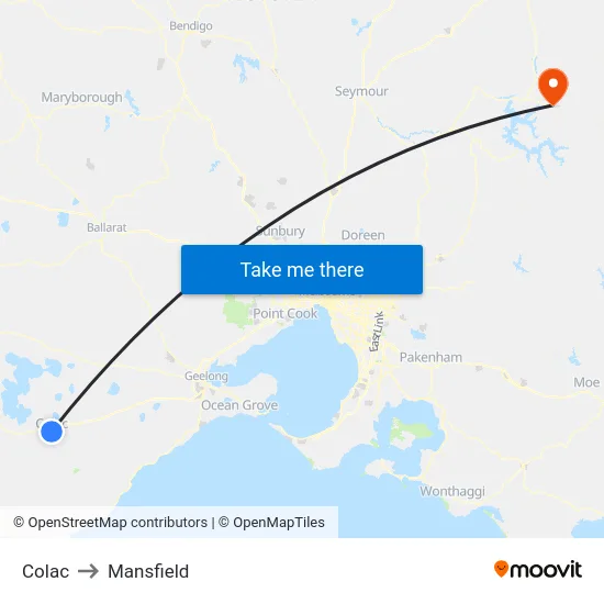 Colac to Mansfield map