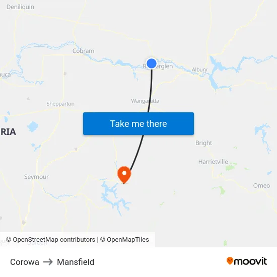 Corowa to Mansfield map