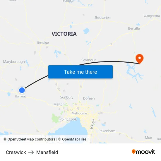 Creswick to Mansfield map
