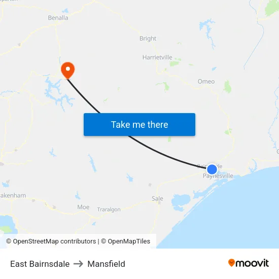 East Bairnsdale to Mansfield map