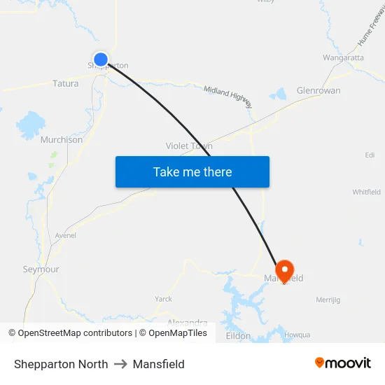 Shepparton North to Mansfield map