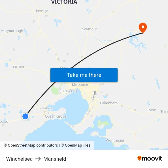 Winchelsea to Mansfield map