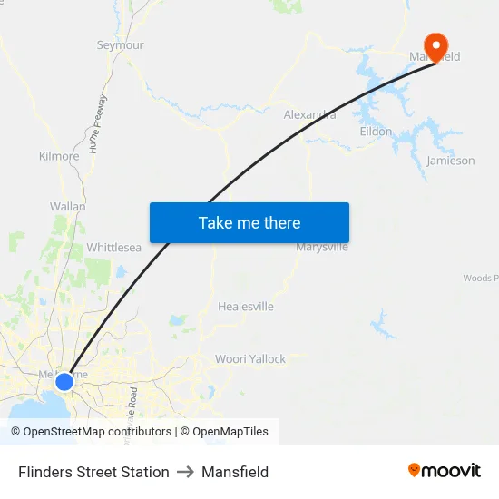 Flinders Street Station to Mansfield map