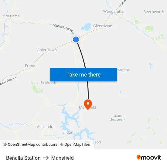 Benalla Station to Mansfield map