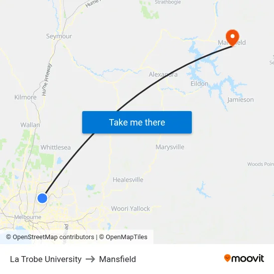 La Trobe University to Mansfield map