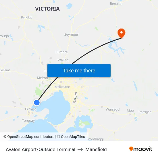 Avalon Airport/Outside Terminal to Mansfield map