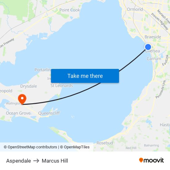 Aspendale to Marcus Hill map