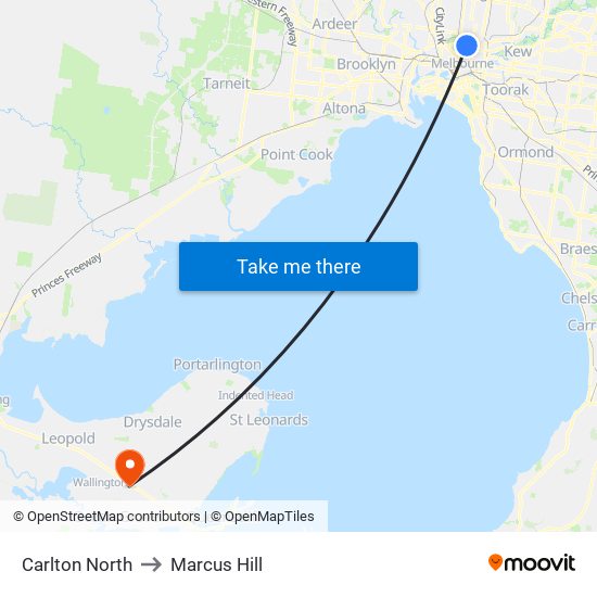 Carlton North to Marcus Hill map