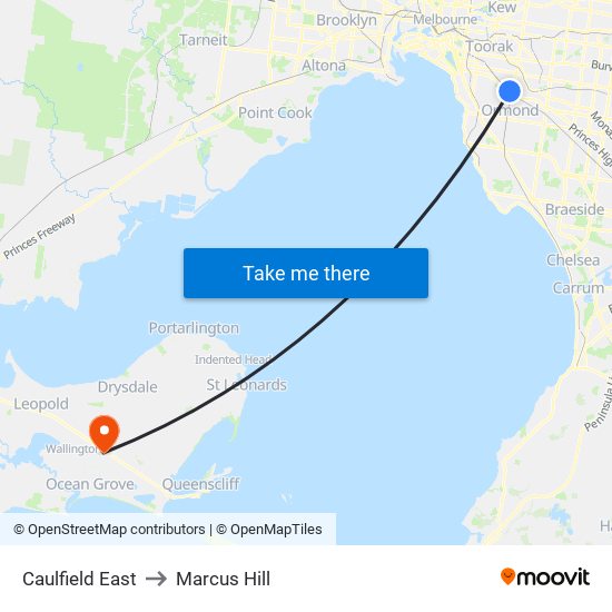 Caulfield East to Marcus Hill map