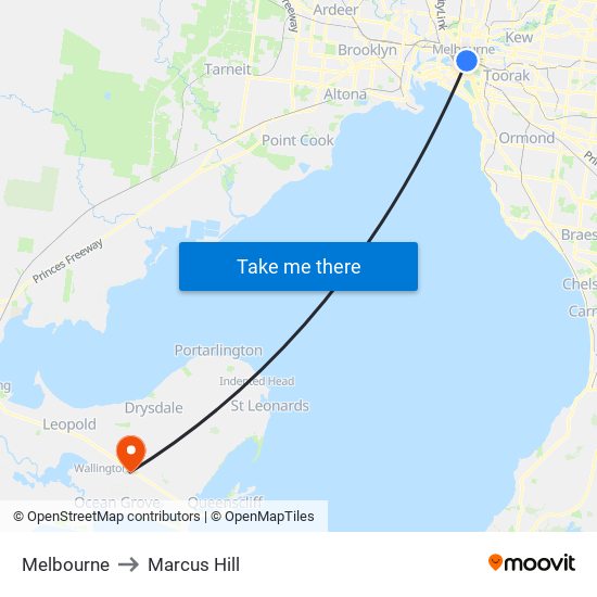 Melbourne to Marcus Hill map