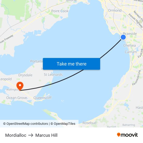 Mordialloc to Marcus Hill map