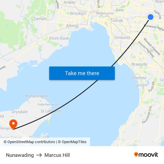 Nunawading to Marcus Hill map