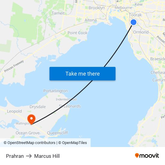 Prahran to Marcus Hill map