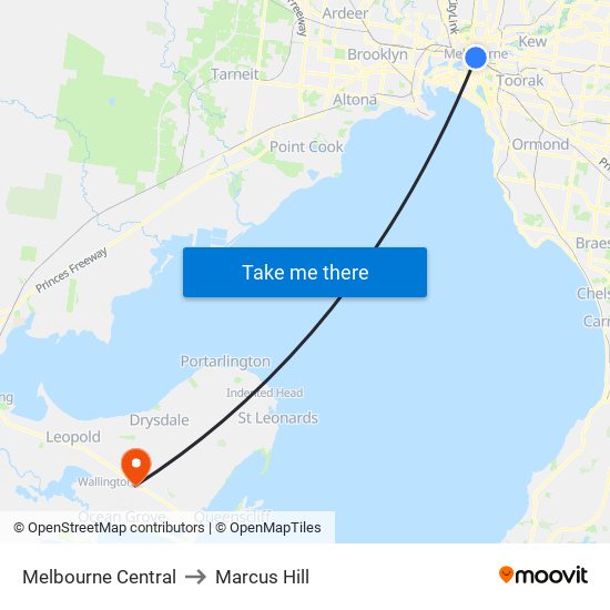 Melbourne Central to Marcus Hill map