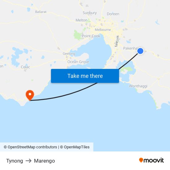 Tynong to Marengo map