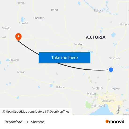 Broadford to Marnoo map