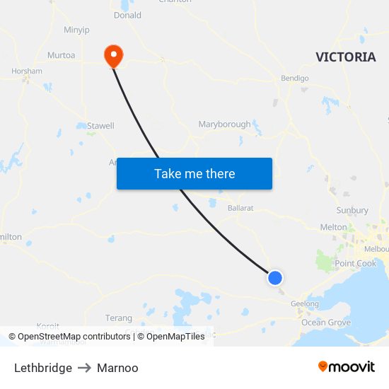 Lethbridge to Marnoo map