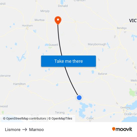 Lismore to Marnoo map