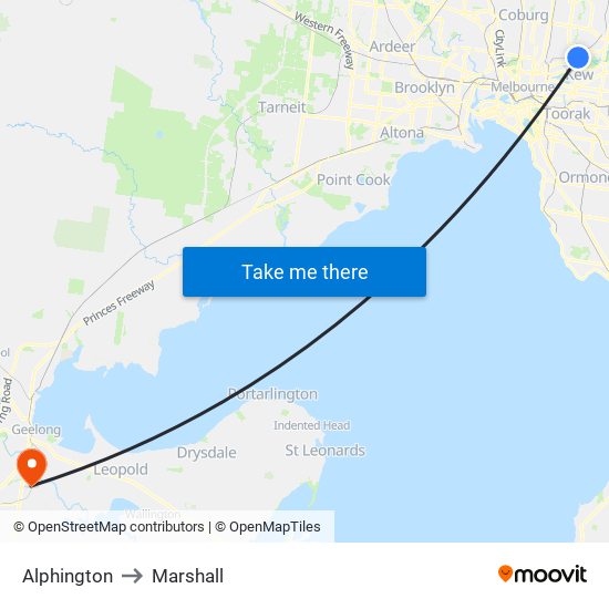 Alphington to Marshall map