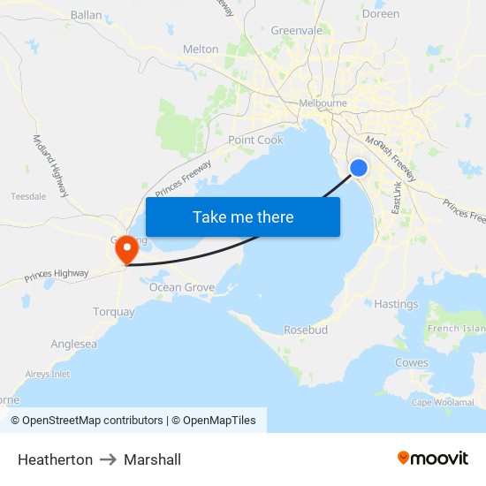 Heatherton to Marshall map