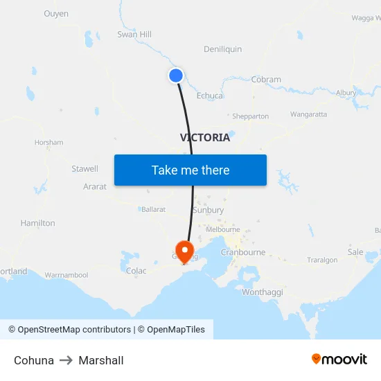 Cohuna to Marshall map