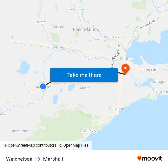 Winchelsea to Marshall map