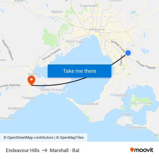 Endeavour Hills to Marshall - Bal map