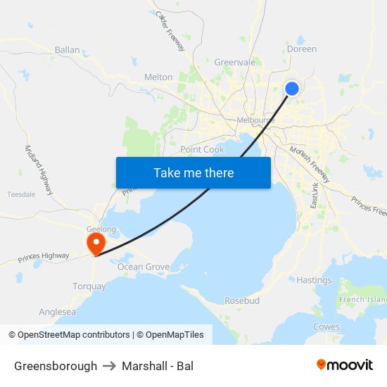 Greensborough to Marshall - Bal map