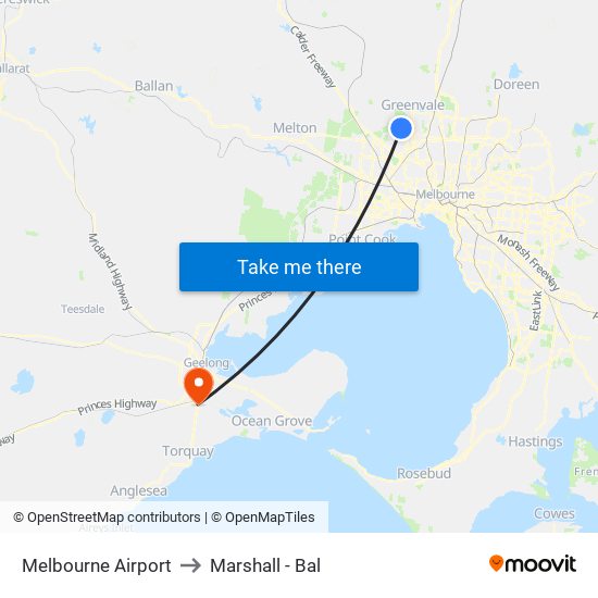 Melbourne Airport to Marshall - Bal map