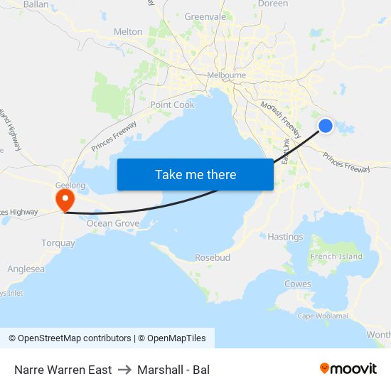 Narre Warren East to Marshall - Bal map
