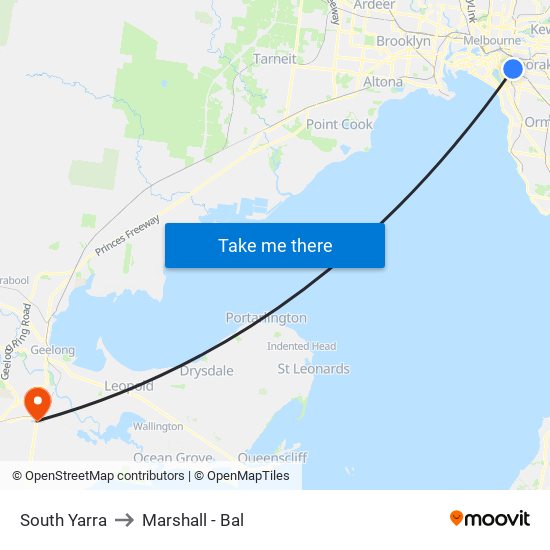 South Yarra to Marshall - Bal map
