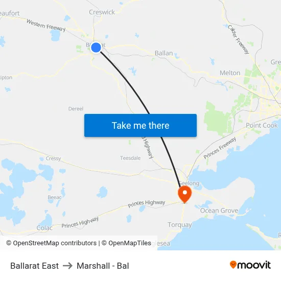 Ballarat East to Marshall - Bal map