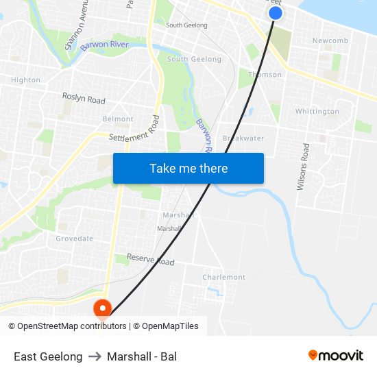 East Geelong to Marshall - Bal map