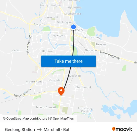 Geelong Station to Marshall - Bal map