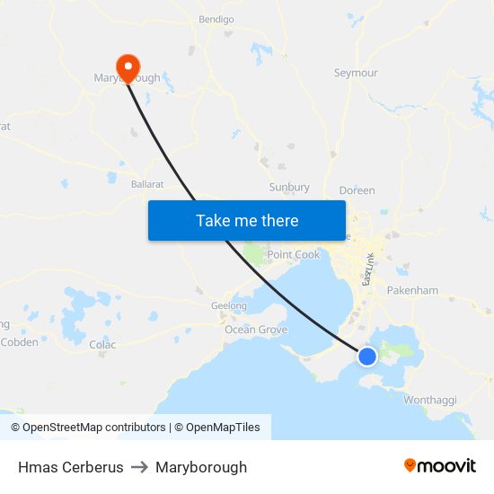 Hmas Cerberus to Maryborough map