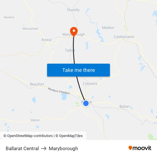 Ballarat Central to Maryborough map