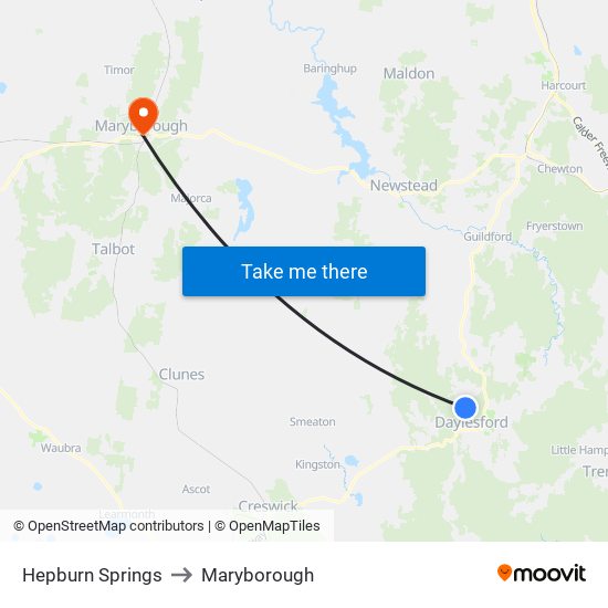 Hepburn Springs to Maryborough map