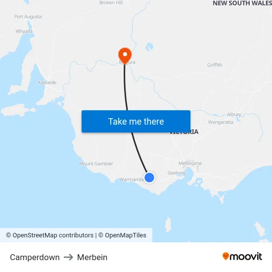 Camperdown to Merbein map